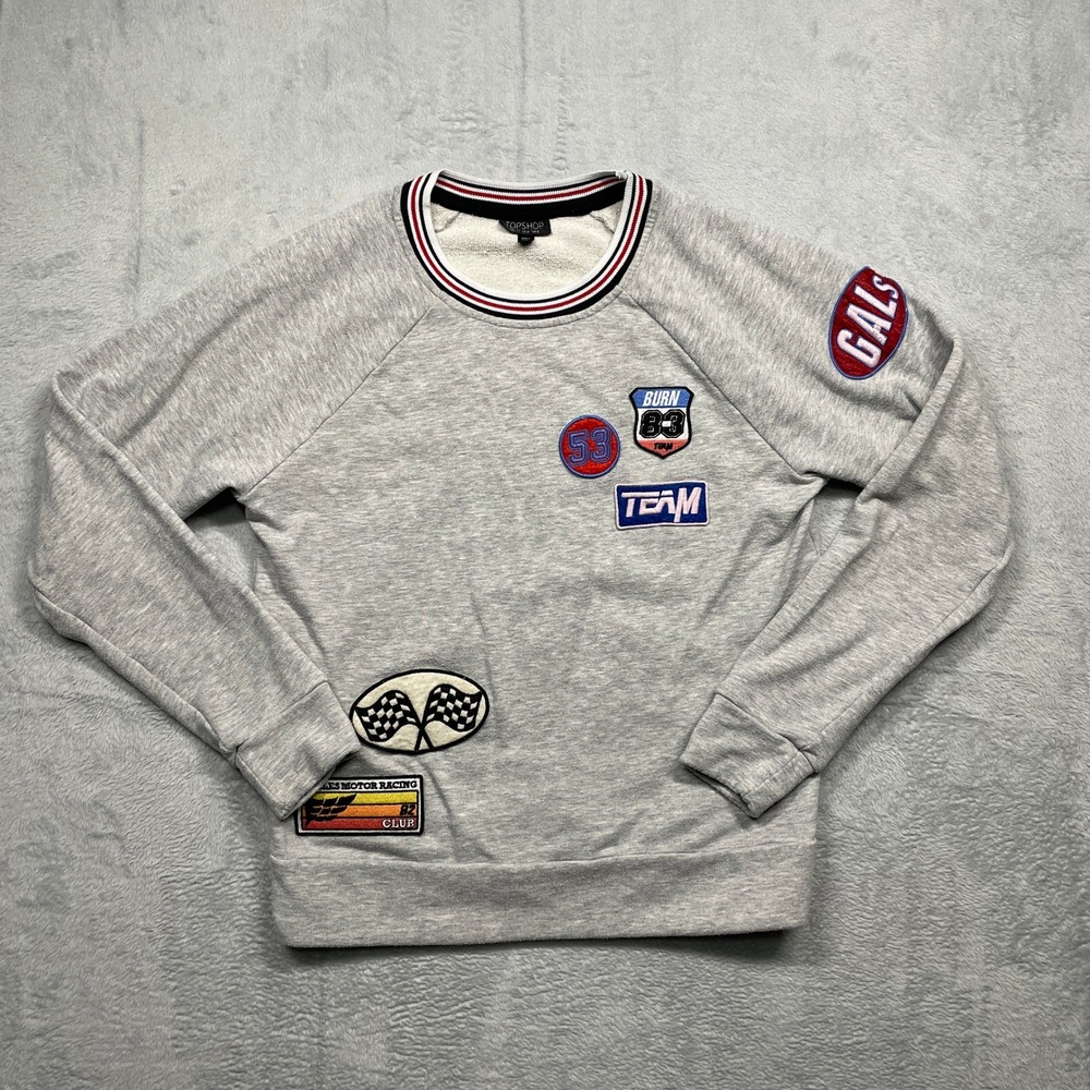 Topshop Sweatshirt Womens 4 Gray Racing Varsity Patches Striped Neck